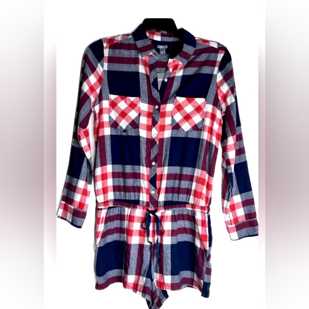 Aerie Red and Blue Plaid Long Sleeve Romper